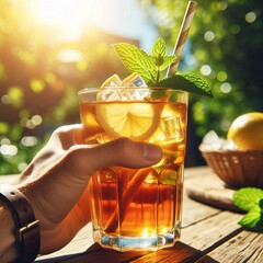 Refreshing glass of tea with lemons and mint Generative for AI