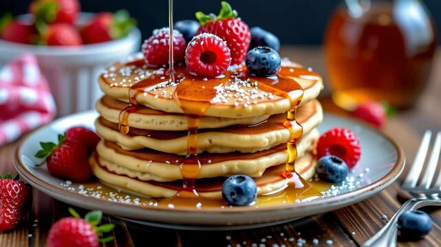 A stack of fluffy pancakes topped with fresh berries and syrup, dusted with powdered sugar on a plate.