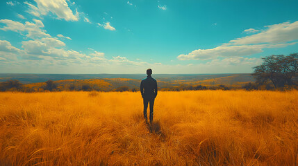 Golden Grassland Solitude: A Man Silhouetted Against a Vibrant Sunset Landscape Illustration