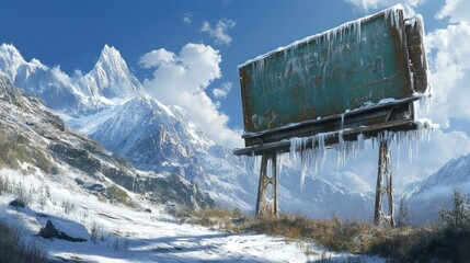 Snowy mountain landscape with weathered billboard