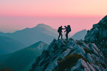 Fototapeta premium Hikers helping each other climbing a mountain at sunset. Active sport concept