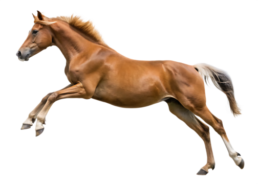 Chestnut horse leaping dynamic pose isolated on a white background