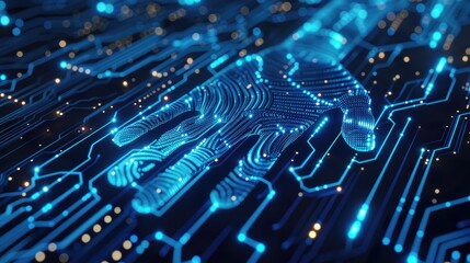 Resting on a circuit board, blue glowing lines and dots form the outline of a hand palm with finger print patterns.