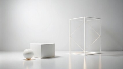 Fototapeta premium Minimalist White Cube, Sphere, and Geometric Frame Display