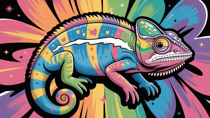 A vibrant chameleon with rainbow stripes against a colorful burst background illustration style art