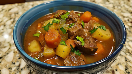 Cabbage rolls in a hearty stew with carrots rice and ground meat served in a gray bowl on a concrete backdrop Cabbage recipes, Generative AI
