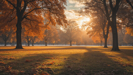 Fototapeta premium Golden autumn sunlight illuminating a park with trees and beautiful landscape