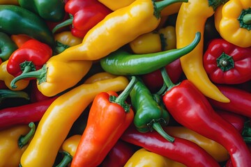 A pile of colorful peppers and yellow banana peppers, ready for the market in an organic farm setting.