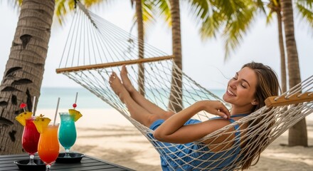 Relaxed Woman Enjoying Tropical Vacation in Hammock with Colorful Cocktails Near Beach and Palm Trees