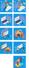 Fototapeta premium isometric illustration of office activities, blue background suitable for office-related digital assets
