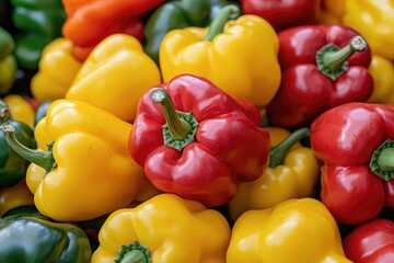A pile of various peppers, including yellow and red peppers, in an organic market setting. The background is blurred to emphasize the colorful array of bell peppers.