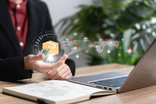 Supply chain, Global Transport and delivery technology concept, Businesswomen show supply chain organizing controlling resources to meet the needs of customers International shipping,Online e-commerce