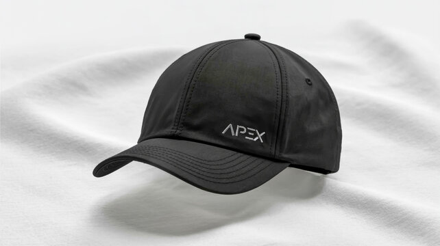 A high-quality product photograph of a black baseball cap on a pure white background.