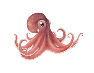 Cute octopus, cartoon watercolor isolated illustration for your design, hand painting cute character.