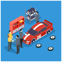 Fototapeta premium Car repairing concept. Auto service online. Flat 3d isometric vector illustration