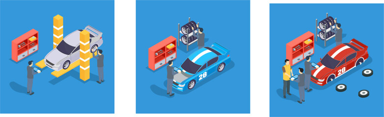 Car repairing concept. Auto service online. Flat 3d isometric vector illustration