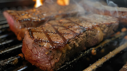 Juicy steak with side sauce, garnished with herbs, set beside a small bowl of sauce A close-up of a juicy steak sizzling on a stainless grill, flames licking the sides of the meat, Generative AI