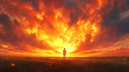 Fototapeta premium Fiery Sunset Illustration: A Solitary Figure in a Field of Fire