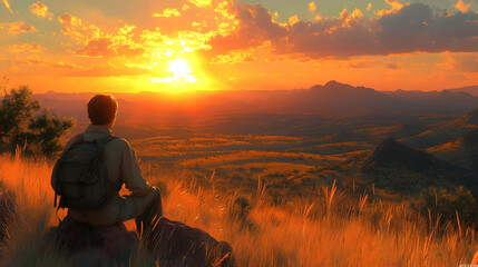 Obraz premium Golden Hour Landscape Illustration: A Backpacker Contemplates a Sunset over Serene Mountains