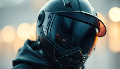 Fototapeta premium Close-up of Black Matte Motorcycle Helmet with Dark Visor and Urban Night Lights Bokeh