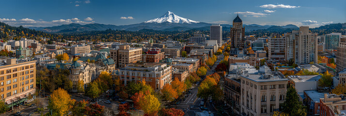 Obraz premium Downtown Vancouver Washington. Classic Panoramic View of Portland Skyline on a Sunny Fall Day with Fall Foliage and Iconic Mount Hood, USA