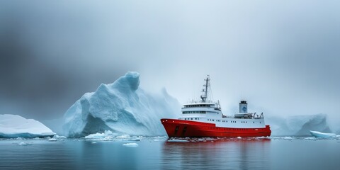 A red and white ship in the middle of an ice field, surrounded by blue icebergs, in a foggy atmosphere.
