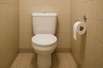 Clean restroom interior with modern white toilet, beige tiled walls, and toilet paper on holder in a minimalist setting