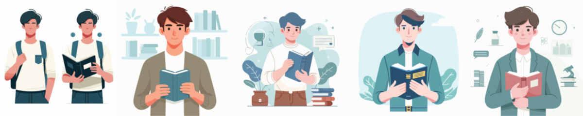 young man character vector holding book