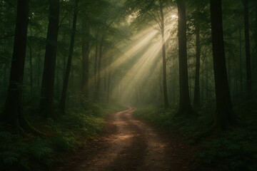 Naklejka premium Misty forest trail illuminated by morning sunlight streaming through tall trees, casting dramatic shadows on a winding path