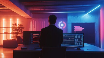 Cyberpunk Trader, Neon-Lit Office, Stock Market Data