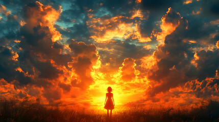 Fototapeta premium Fiery Sunset Illustration: Silhouette of a Woman in a Golden Meadow