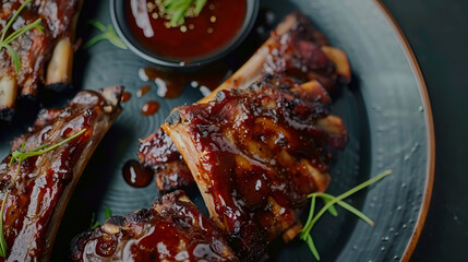 Usa Independence Day BBQ ribs celebration with patriotic decor Close up view of person cuts grilled spareribs with knife and fork Grilled pork ribs on wood plate, Generative AI