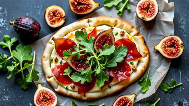 A gourmet flatbread topped with fresh figs, arugula, soft cheese, and a drizzle of sauce, surrounded by arugula and fig halves.
