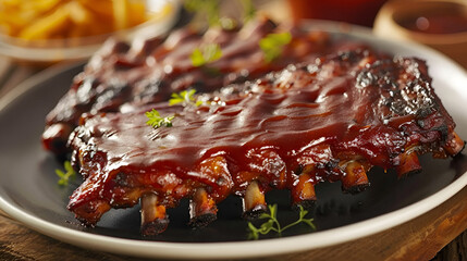 Usa Independence Day BBQ ribs celebration with patriotic decor Close up view of person cuts grilled spareribs with knife and fork Grilled pork ribs on wood plate, Generative AI