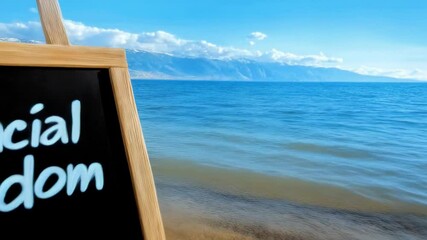 Financial freedom concept visualized through blackboard text resting on sandy shoreline with ocean waves in background, symbolizing wealth and personal economic aspirations