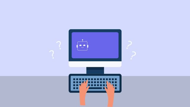 Hands typing on desktop keyboard, searching answers, virtual intelligence assistant on screen display content. Problem solving AI.  