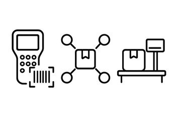 Fototapeta premium Black and gray logistics icons featuring barcode scanner and parcel network