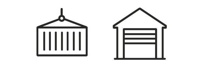 Minimalistic icons of shipping container and garage in black outline