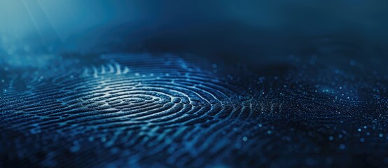 The fingerprint biometric identity fade technology security concept on a dark blue background with copy space