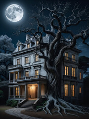 Twisted tree branches and gnarled roots ensnare an ancient mansion's facade under the full moon's silvery light, root, nighttime
