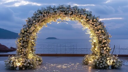 Evening shot of flower arch with fairy lights, soft florals, and twilight sky in the background