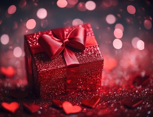 A red gift box with a heart-shaped bow, surrounded by scattered hearts and glitter on the background of Valentine's Day, creating a romantic atmosphere.