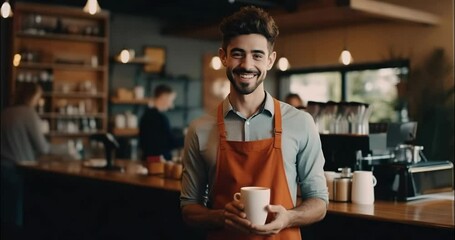 portrait of a cafe worker of a handsome Caucasian guy barista smiling at the camera while standing at the counter. Happy young man in an apron with a glass of coffee. waiter working. background AI