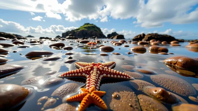A colorful starfish rests among smooth rocks in a clear coastal tidal pool beneath a bright sky and distant island.