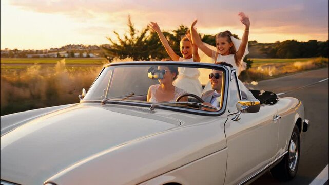 Just married couple driving convertible car with flower girls at sunset on countryside road, joyful celebration with flying petals, Generative AI