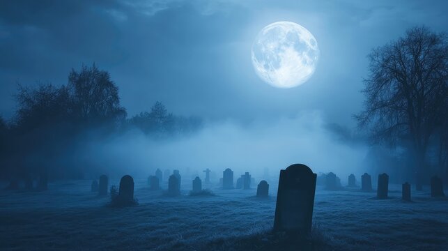 Full moon above foggy graveyard with leafless trees and headstones under blue twilight sky. Mist covers ground creating atmospheric scene. Generative by AI