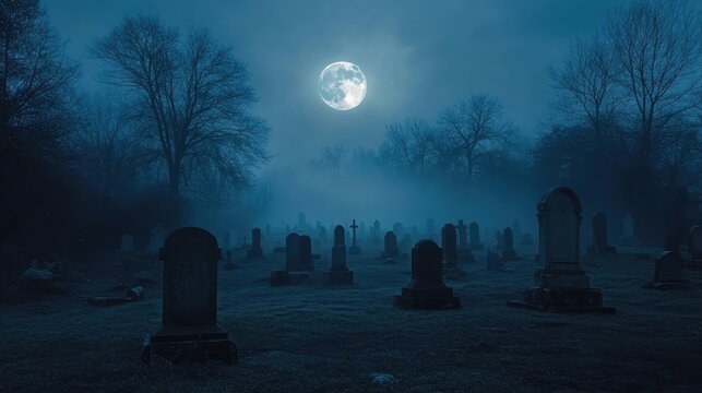 Full moon above foggy graveyard with leafless trees and headstones under blue twilight sky. Mist covers ground creating atmospheric scene. Generative by AI - Powered by Adobe