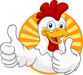 A chicken cartoon rooster cockerel character mascot giving a thumbs up.