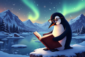 A thoughtful penguin reads a book under the mesmerizing northern lights at night