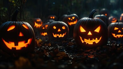 Fototapeta premium Close-up of carved jack-o-lantern with glowing light inside, surrounded by other pumpkins in dark forest setting. Fallen leaves cover ground. Generative by AI